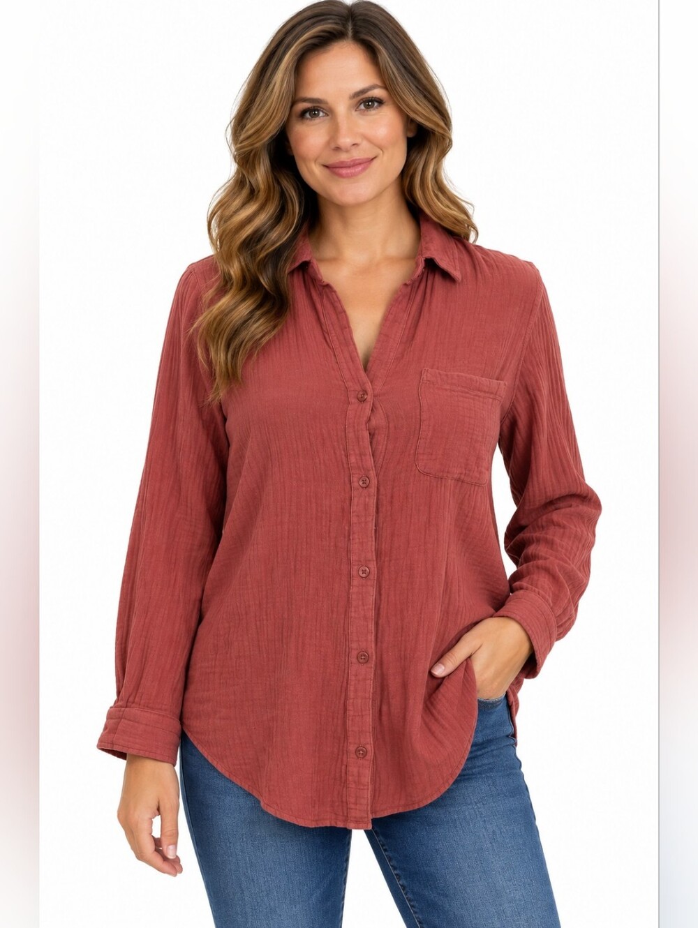 beachlunchlounge Rust Button-Front Textured Shirt Women's Size M